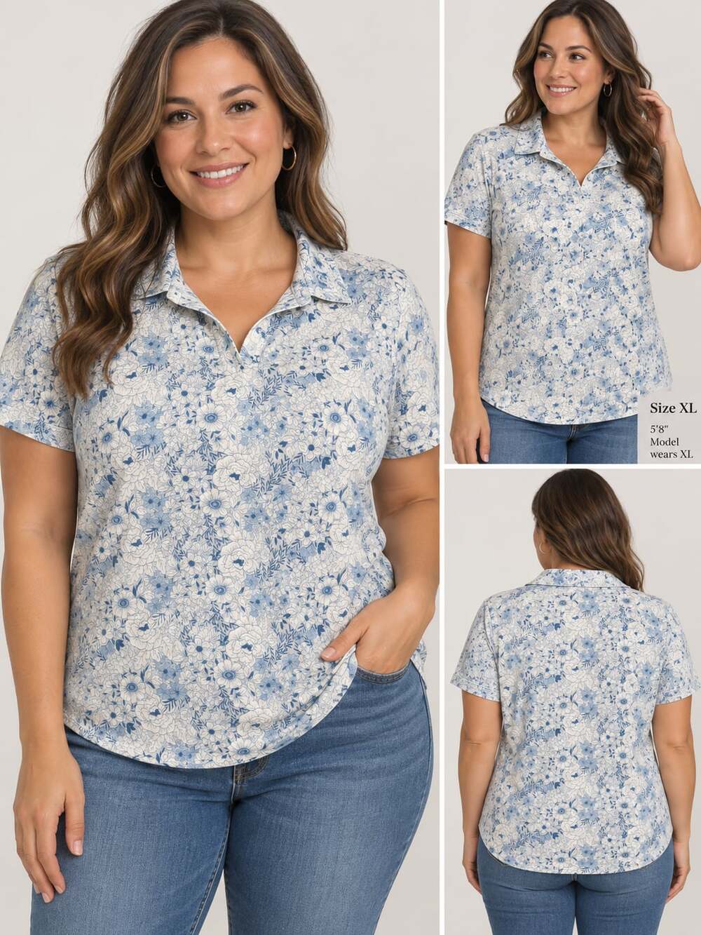 IZOD Floral Polo Shirt Size XL Blue White Short Sleeve Collar Top
